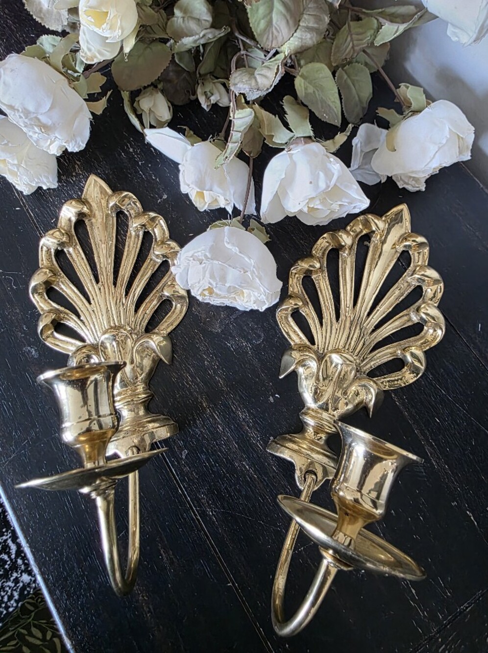 Set Of 2 Brass Gold Taper Candle Wall Sconce Holder Vtg Peacock 9' Small